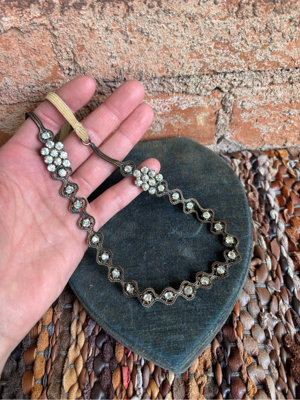 Antique Edwardian 1920s Metal Rhinestone Flapper Headband Headpiece with Box